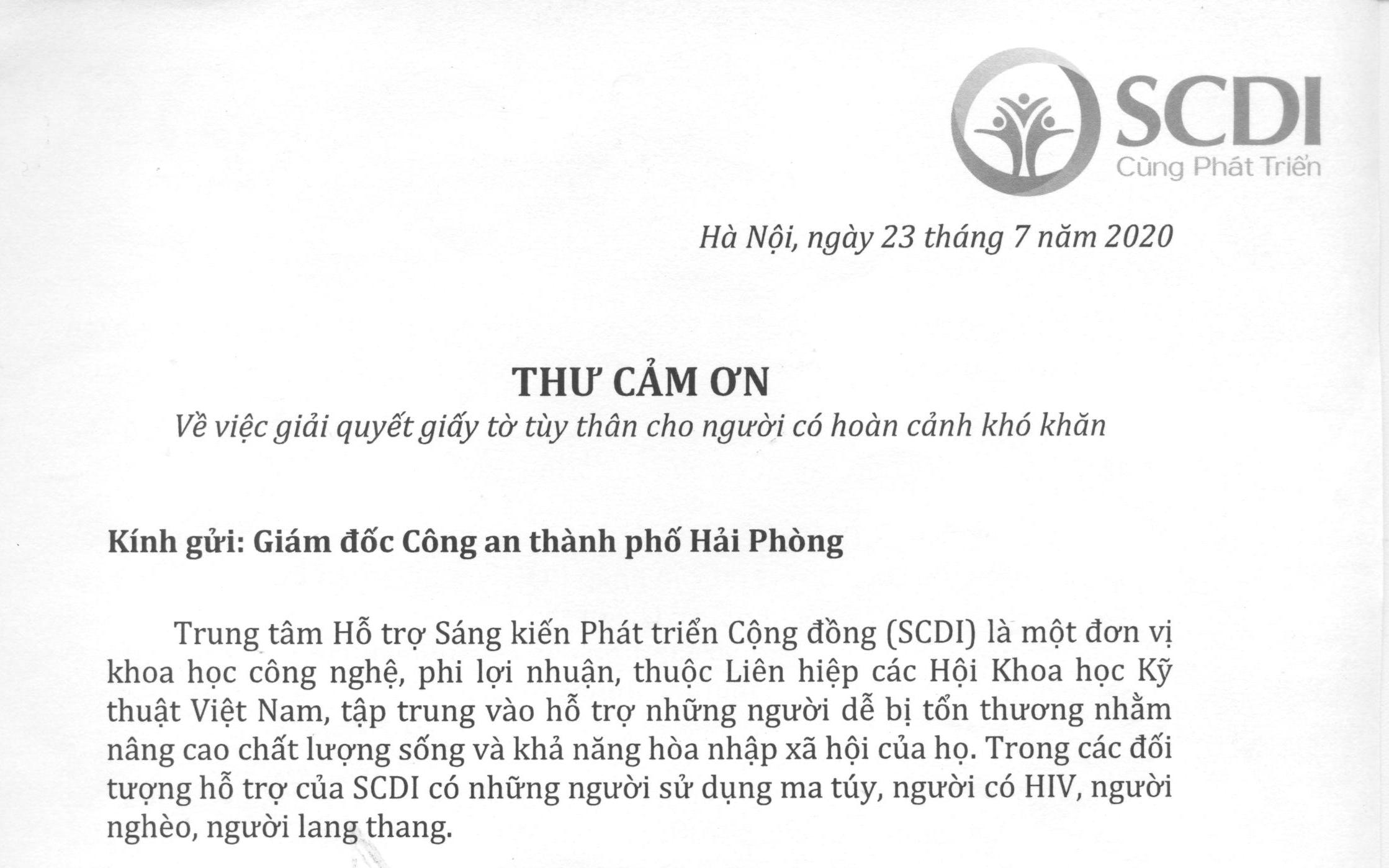 Trung tâm Hỗ trợ Sáng kiến Phát triển Cộng đồng gửi thư cảm ơn